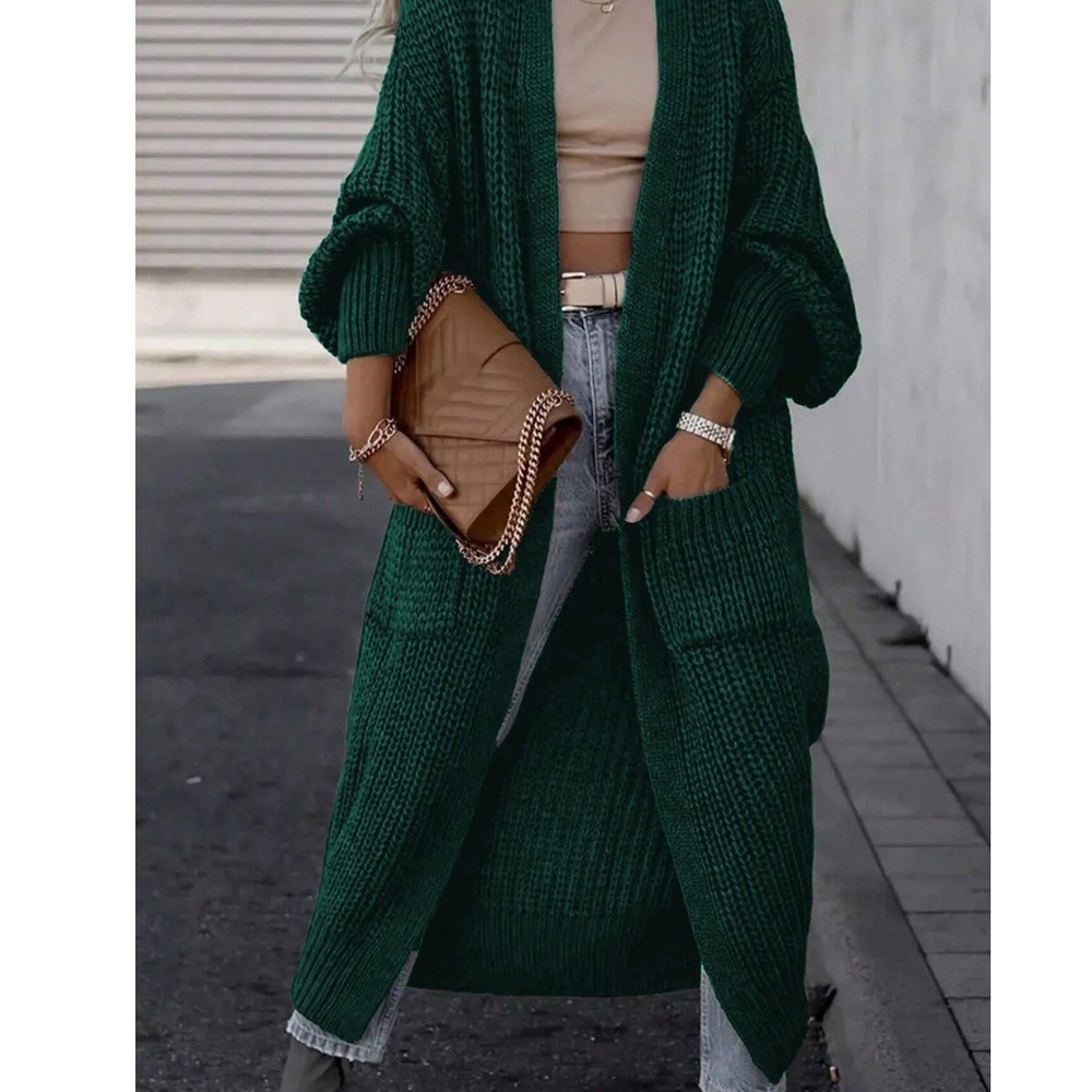 Plus Open Front Pockets Long Knit Cardigan